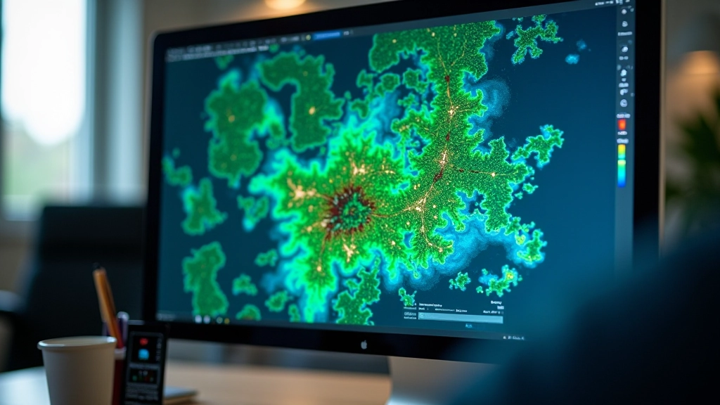Satelliidipildi näitamine rohelist metsamaad ja siniseid veekogusid, digitaalse kaardi liidese illustratsiooniga